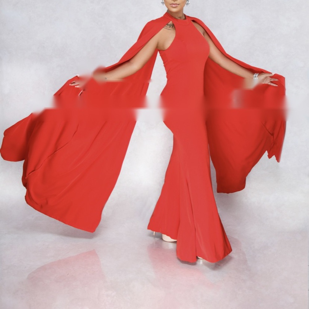 Elegant red cape mermaid maxi dress.